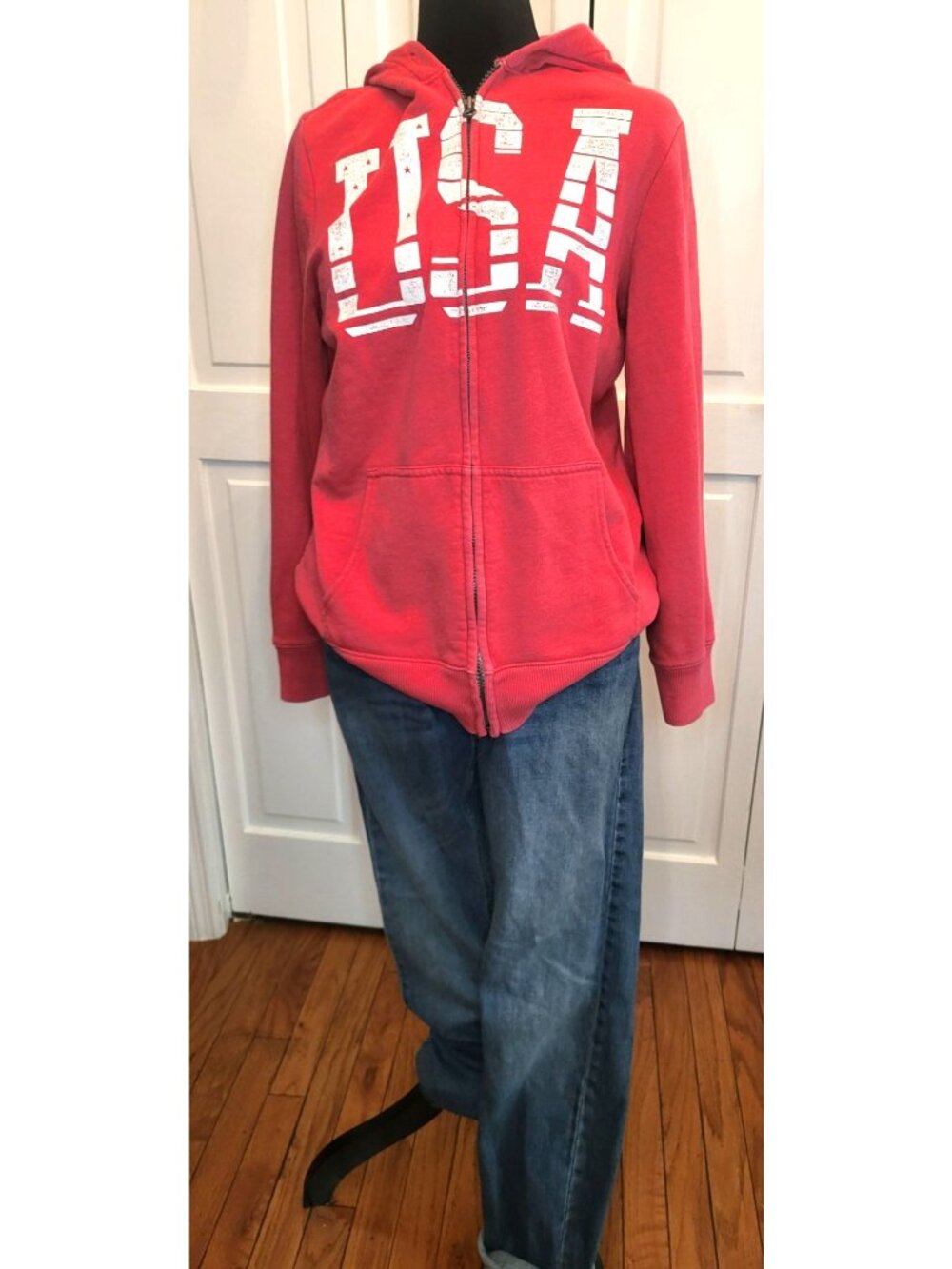 Old Navy Red USA Zip Up Hoodie L Classic Comfy Fall Preppy 90s